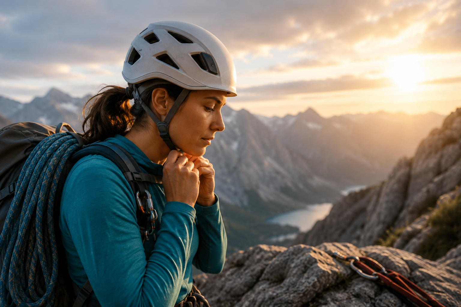 Climber wearing a helmet while preparing for a climb